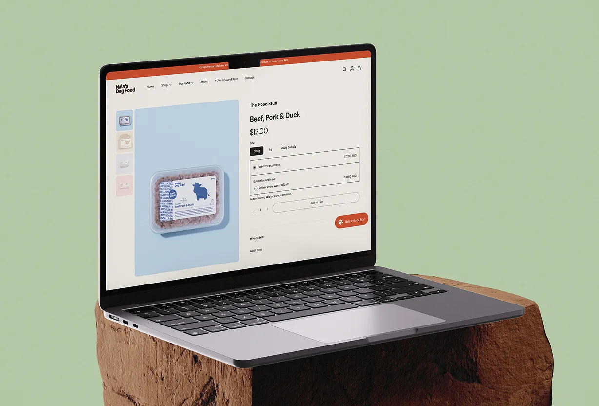 Nala's Dog Food e-commerce site on a laptop